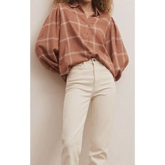 Z‎ Supply Overland Plaid Blouse In Brown Womens Large Evereve New - Picture 5 of 10
